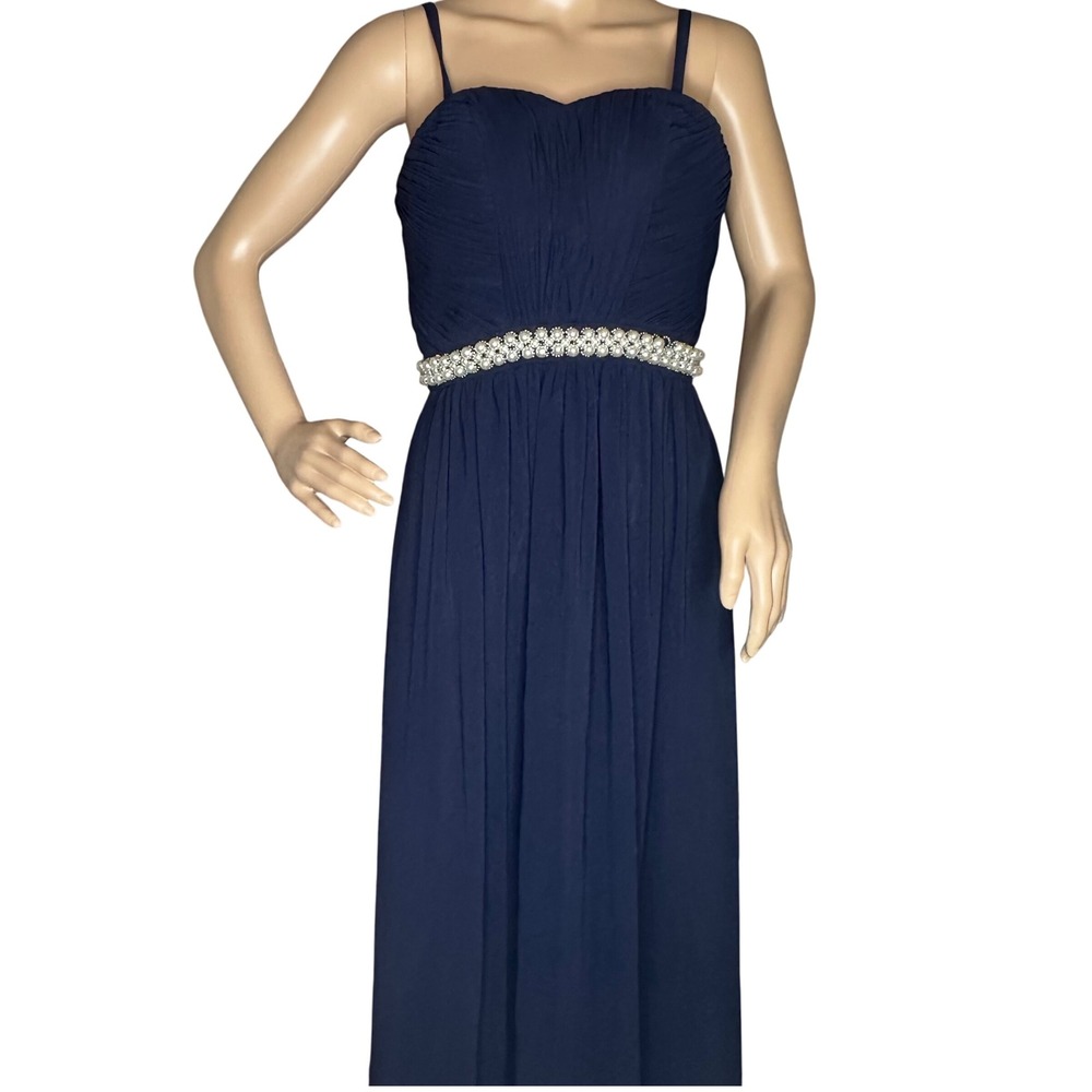 Calvin Klein Navy Blue Ruched Embellished Waist Maxi Dress Formal Evening Size 4